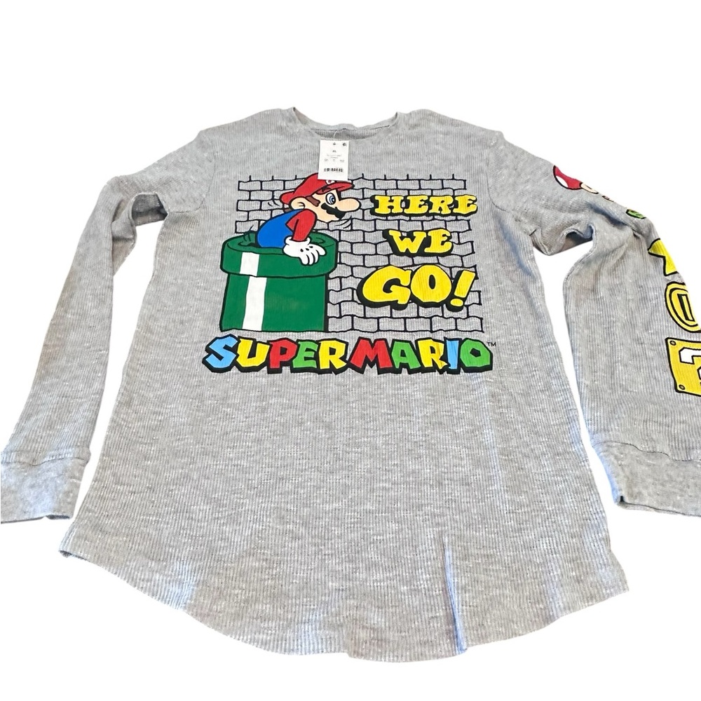 Super Mario Long Sleeve Waffle‎ Knit Shirt Youth XL NWT Heather Gray
